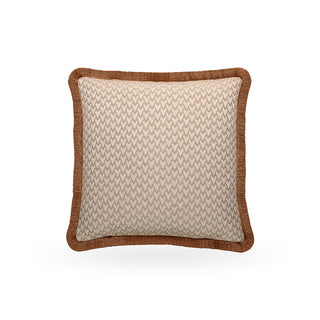 Decorative pillow with a brown woven border on a white background
